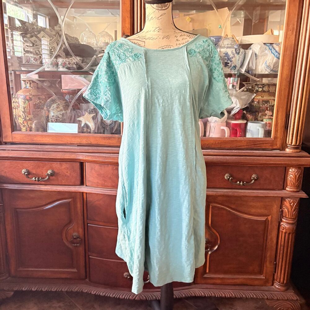 Soft Surroundings Gladstone Dress Womens XL Teal Floral Embroidered Paisley Boho